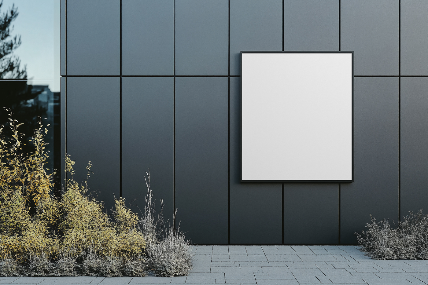 Front view, blank rectangle city billboard mockup with black frame attached to the building facade.