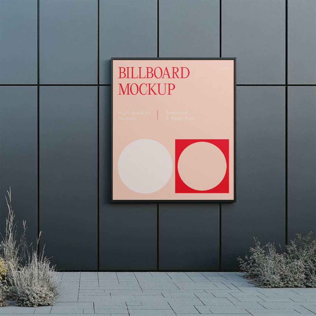 Front view, rectangle city billboard mockup with typography design and black frame attached to the building facade.