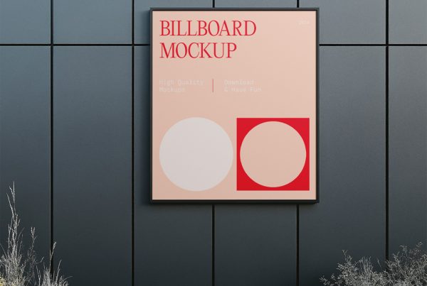 Front view, rectangle city billboard mockup with typography design and black frame attached to the building facade.
