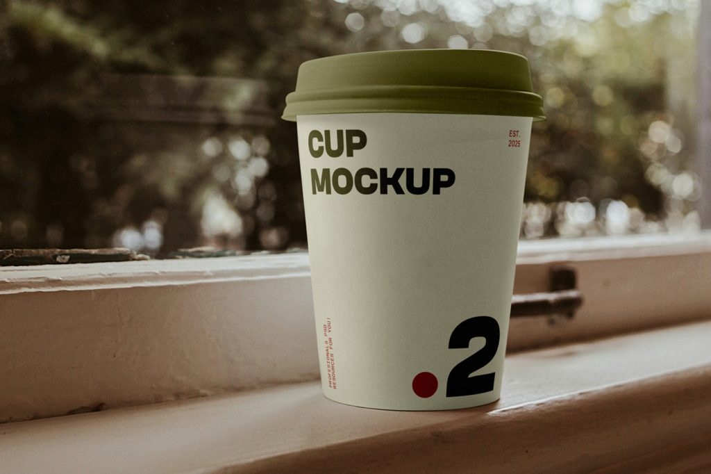 Front view, coffee cup mockup with typography design standing on the windowsill with a window is visible in the background.