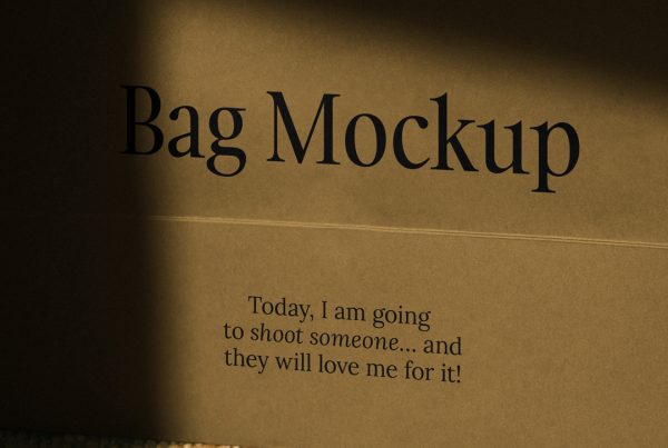 Close up view, craft bag mockup with black typography design standing on the carpet.