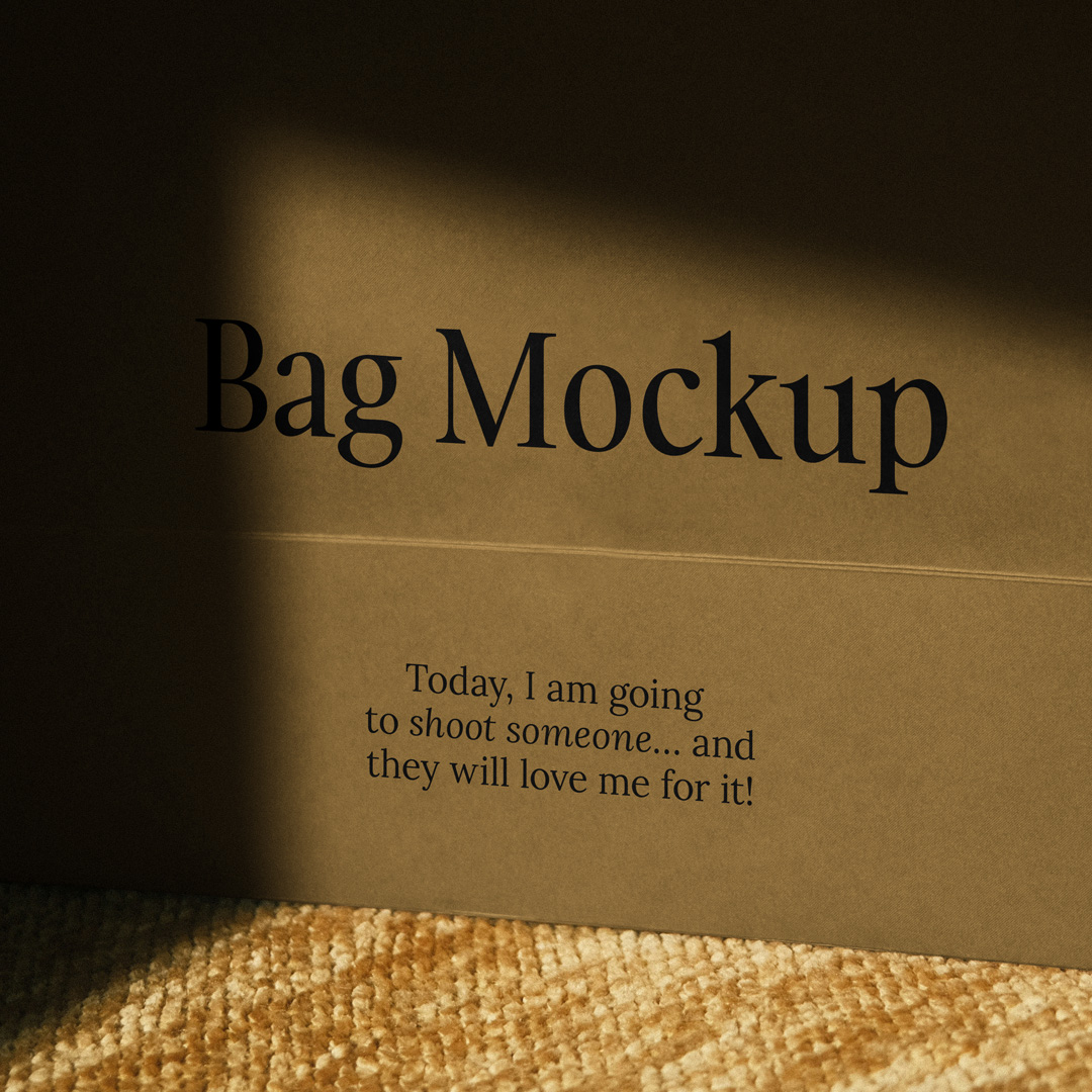 Close up view, craft bag mockup with black typography design standing on the carpet.