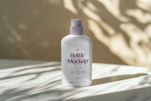 Front view standing cream plastic bottle mockup with sensual and delicate graphics and visible yellow wall in the background.