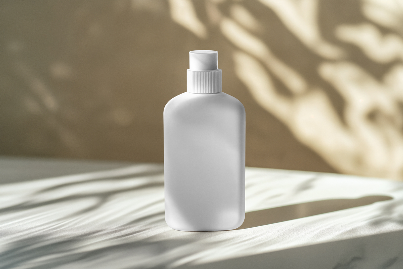 Front view standing white cream plastic bottle mockup with a visible yellow wall in the background.