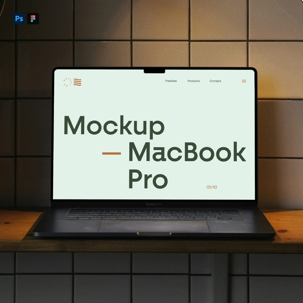 Front view, open space gray MacBook Pro Mockup standing on the wooden table.