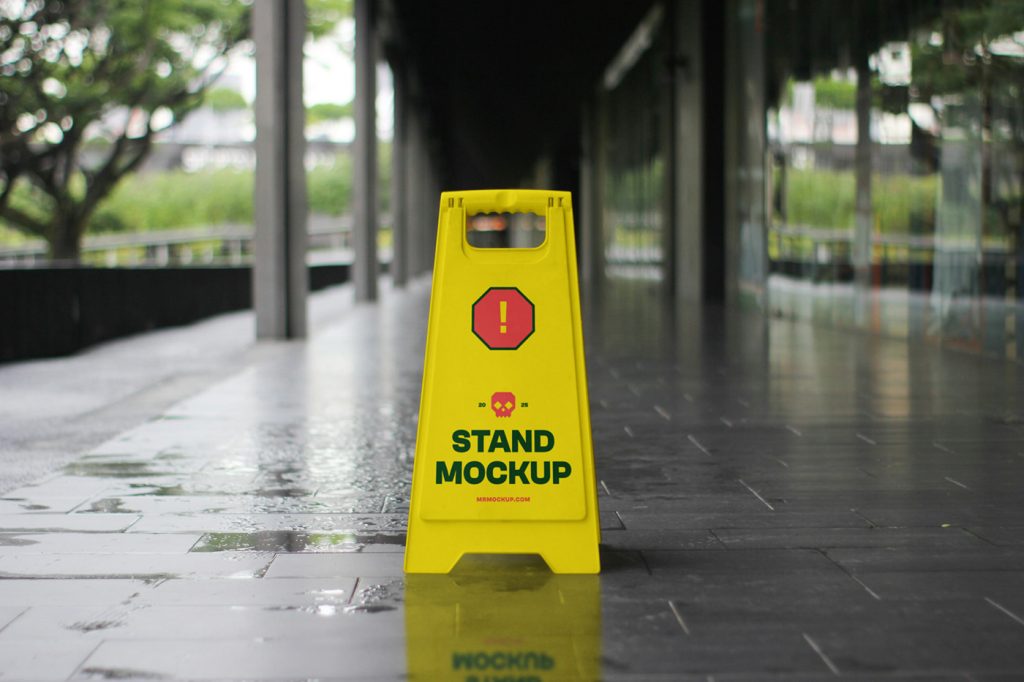 Front view, slippery sign mockup with a strong design standing on wet sidewalk surfaces.