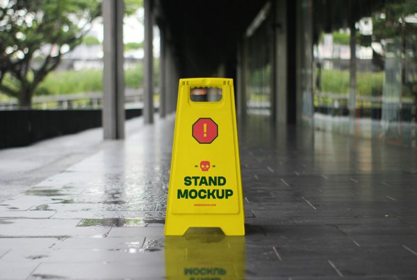 Front view, slippery sign mockup with a strong design standing on wet sidewalk surfaces.