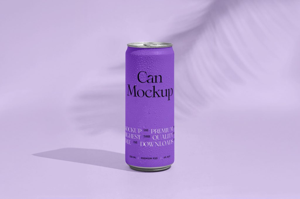 Front view, slender purple can mockup with a black and white typography design standing on the bright purple floor with a delicate shadow in the background.