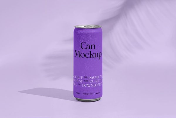 Front view, slender purple can mockup with a black and white typography design standing on the bright purple floor with a delicate shadow in the background.