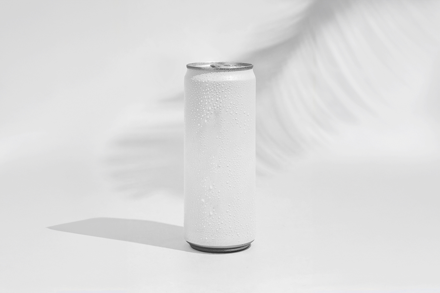 Front view, slender white can mockup standing on the white floor with a delicate shadow in the background.