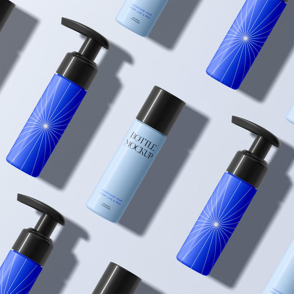 View from above, bottle mockups set with two blue shades color design laying on the bright blue color floor.