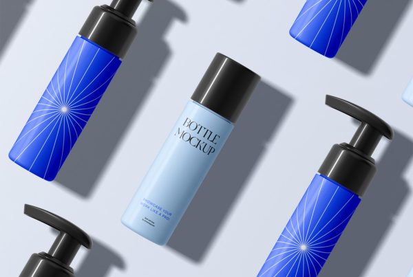 View from above, bottle mockups set with two blue shades color design laying on the bright blue color floor.