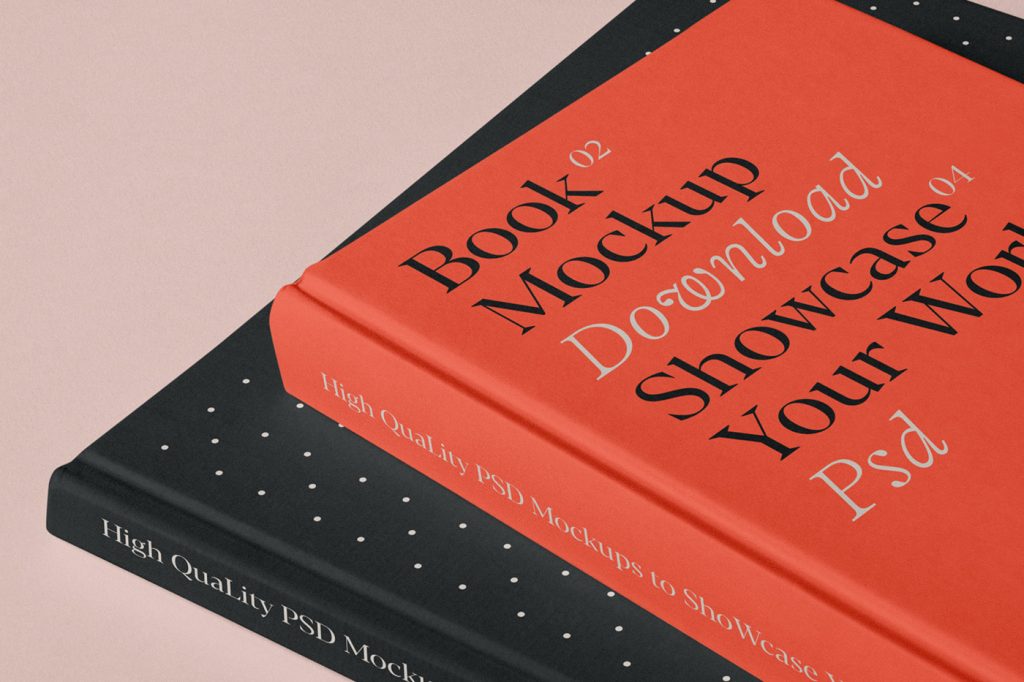 View of two hardcover book mockups with black and white typography design lying on top of each other on the bright red floor.
