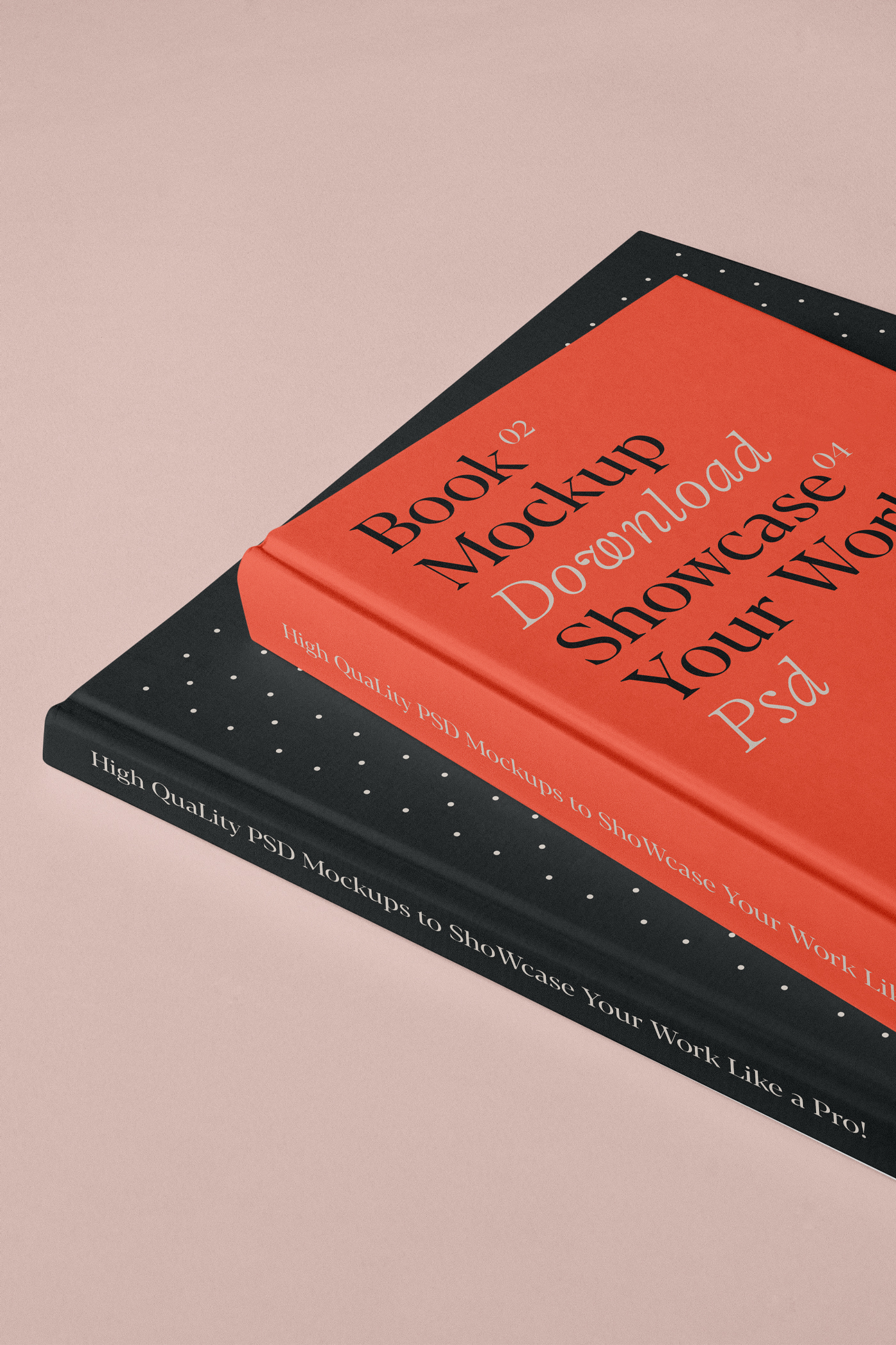 View of two hardcover book mockups with black and white typography design lying on top of each other on the bright red floor.