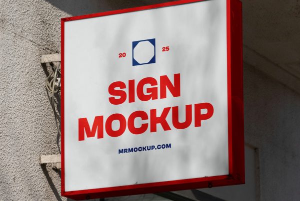 Front view, square sign mockup with red frame and nice strong black and red typography design attached to the concrete wall.