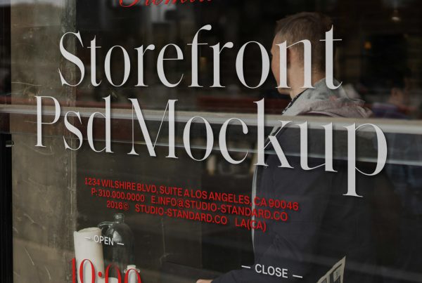 Front view, at an angle of 45 degrees, clean glass Storefront Cafe Mockup with colorful graphics and red strong typography.