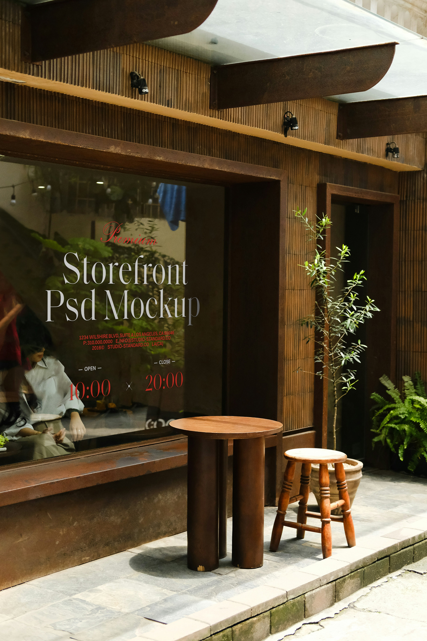 Front view, wooden restaurant facade of Storefront Mockup with transparent windows with red and white typography design.