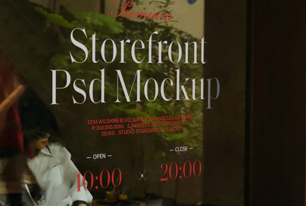 Front view, wooden restaurant facade of Storefront Mockup with transparent windows with red and white typography design.