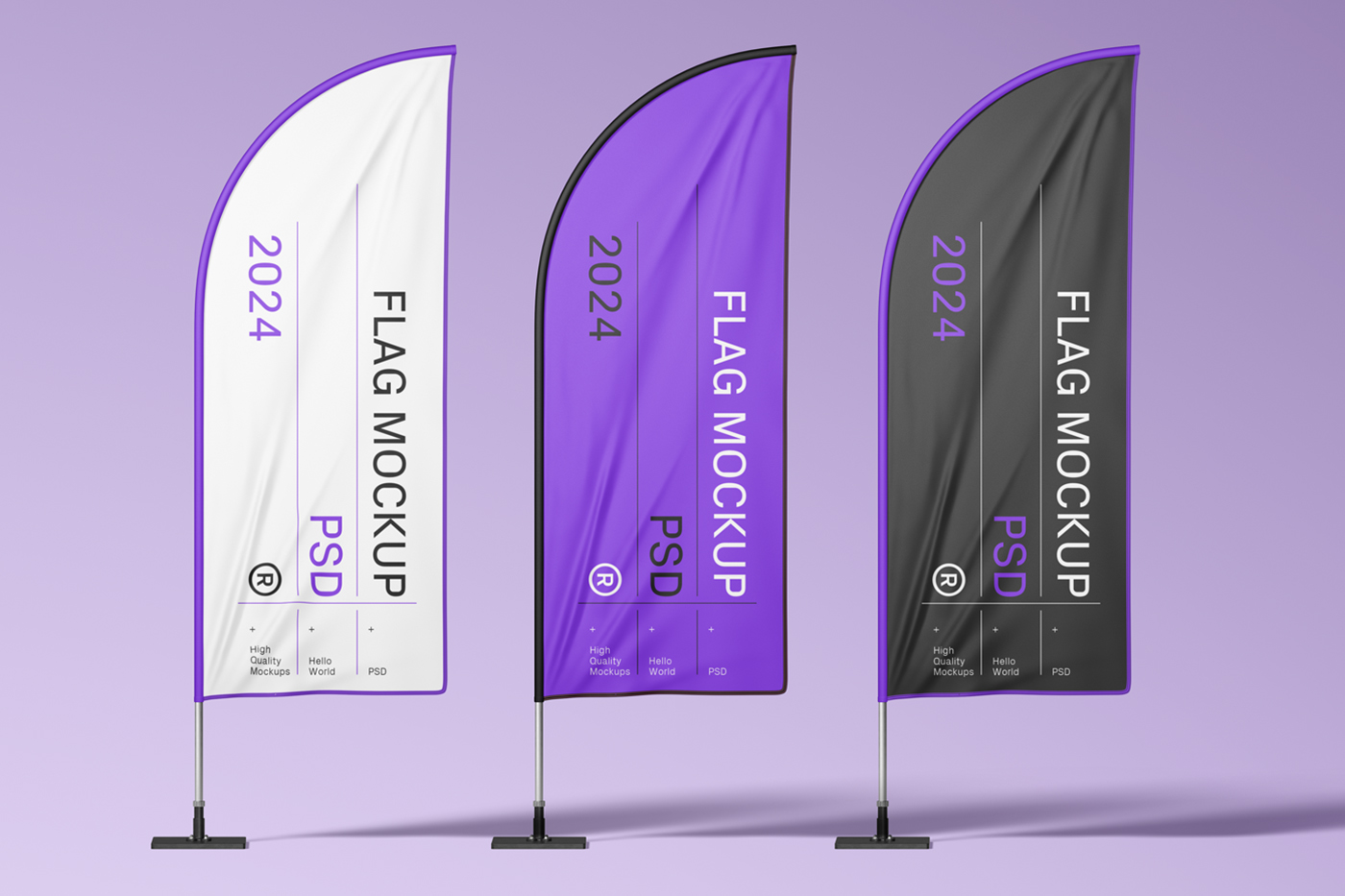 Front view, three standing on purple floor vertical flag mockups with delicate white, black and purple typography design.