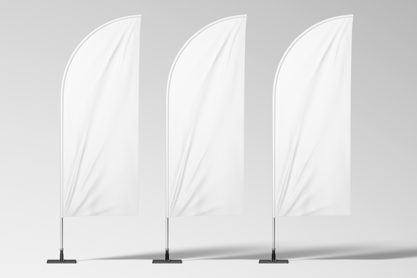 Front view, three standing on grey floor white vertical flag mockups.