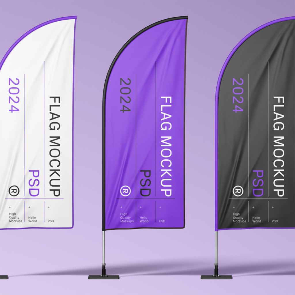 Front view, three standing on purple floor vertical flag mockups with delicate white, black and purple typography design.