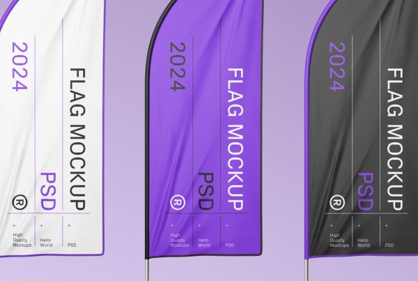 Front view, three standing on purple floor vertical flag mockups with delicate white, black and purple typography design.