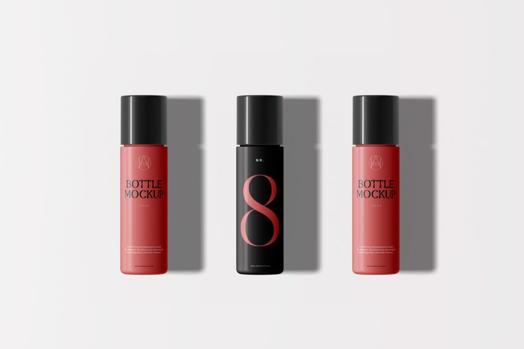 View from above, three slender ones bottle mockups with black and red typography design laying on the white floor.