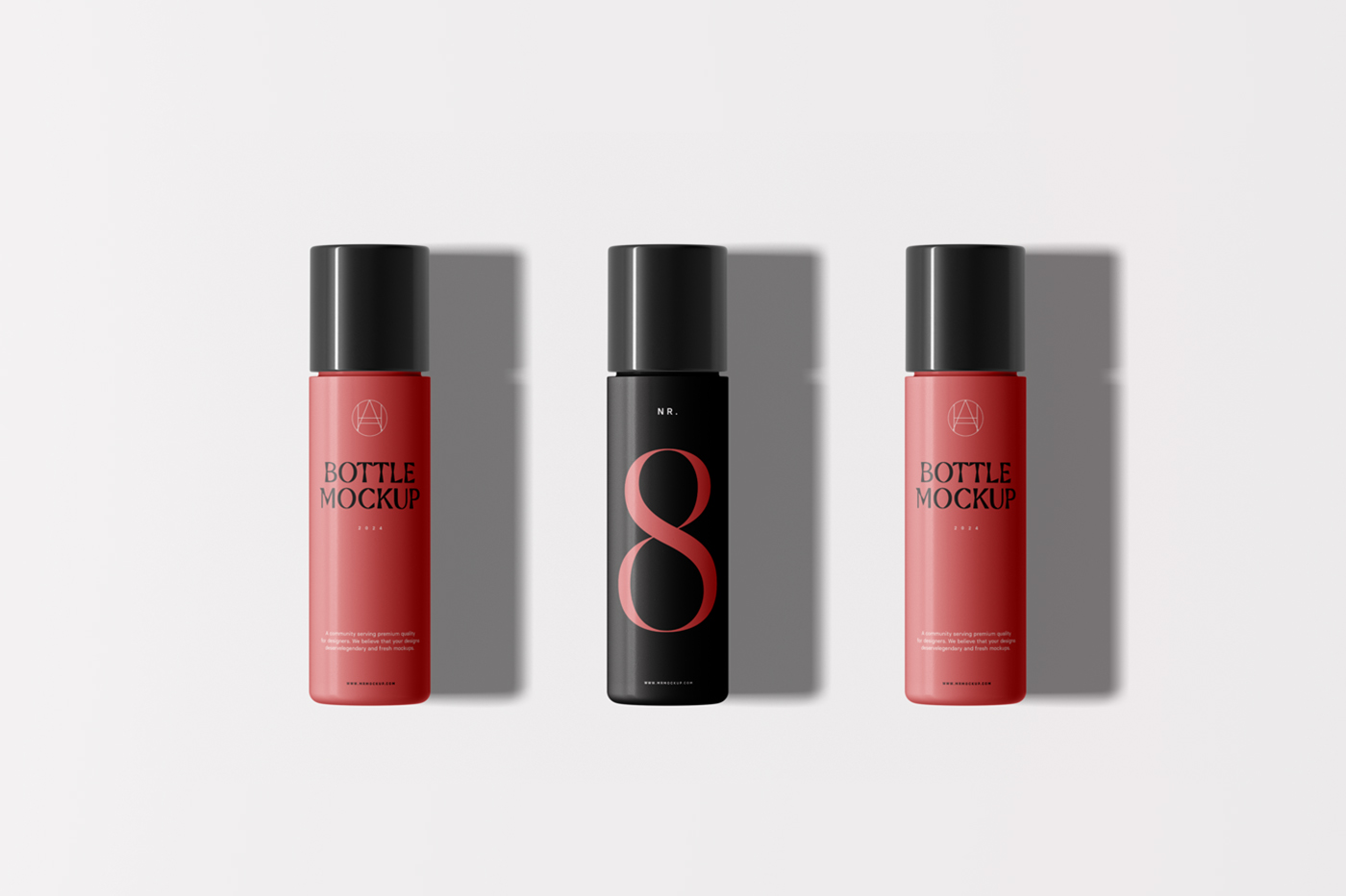 View from above, three slender ones bottle mockups with black and red typography design laying on the white floor.