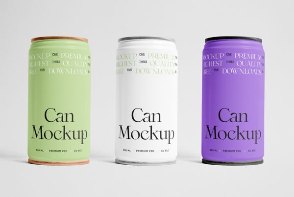 Front view, three metalic can mockups with a black and white typography design standing on the grey floor with a delicate shadow in the background.