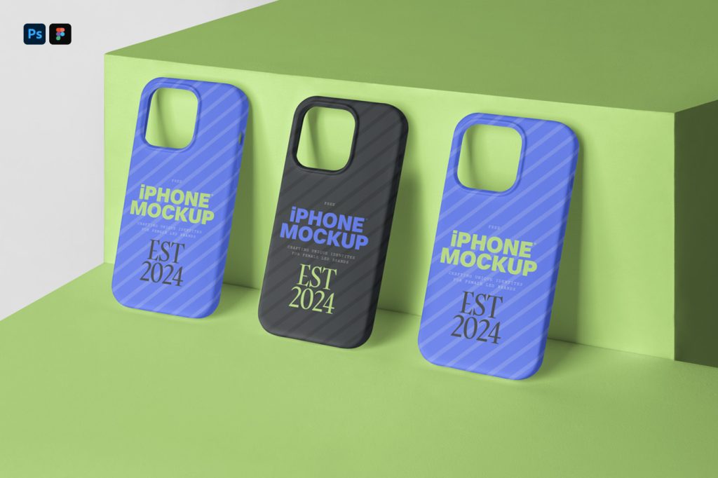 Front view, three iPhone Case Mockups with stront green, blue and black typography design, based on the green studio cubic shape.