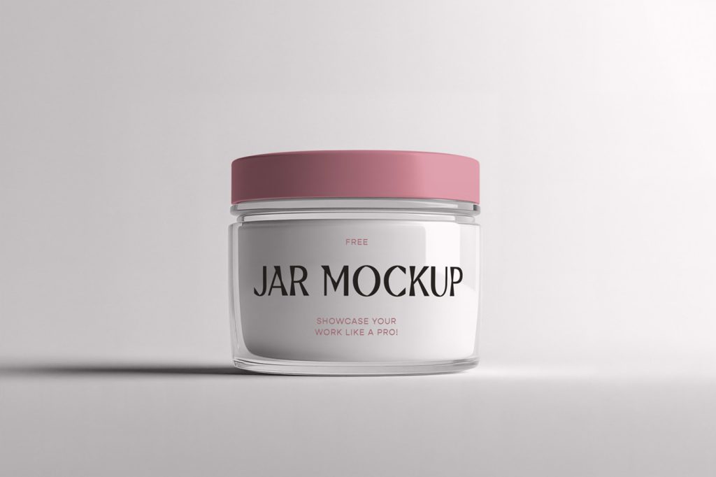 Front view, plastic jar mockup with pink lid laying on the grey floor.