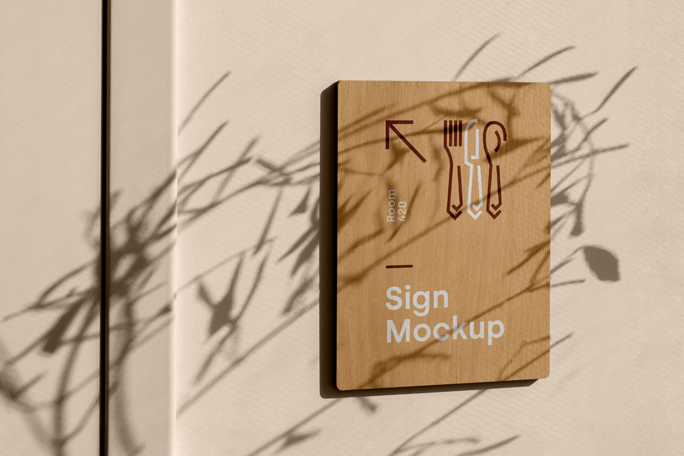 Rectangle Wood Sign Mockup attached to the bright orange wall.