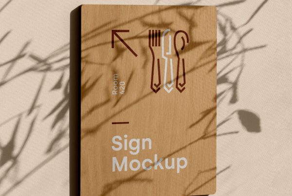 Rectangle Wood Sign Mockup attached to the bright orange wall.