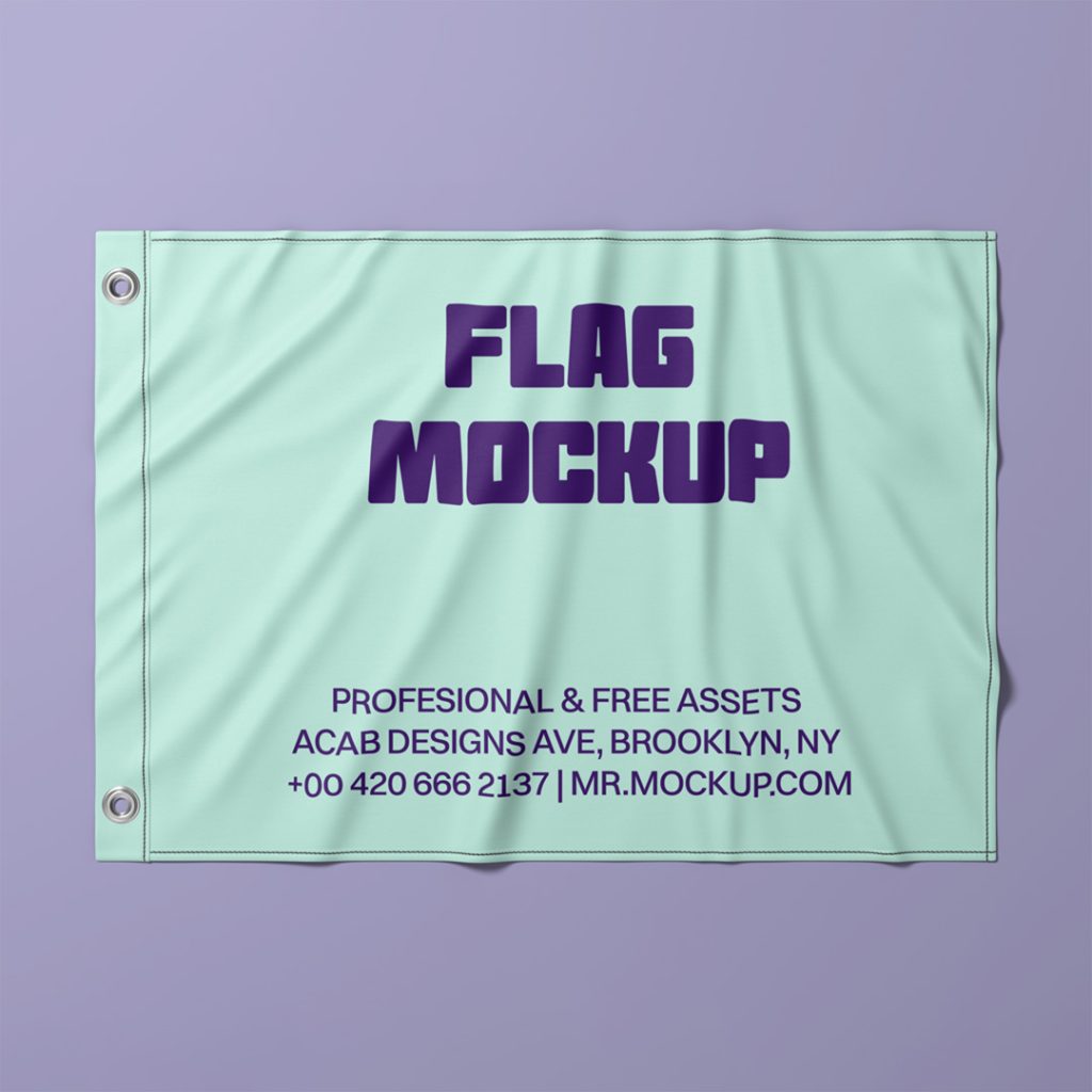 Front view, celadon pennant flag mockup laying on the purple floor.