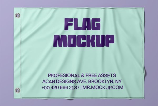 Front view, celadon pennant flag mockup laying on the purple floor.