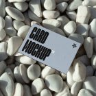View from above, single outdoor business card mockup with blue and black colors and strong design, laying lies on the pebbles.