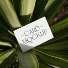 View from above, single outdoor business card mockup with green and gold colors, serif typography design, laying lies on the leaves.