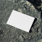 View from above, a single blank outdoor business card mockup laying on massive stone.