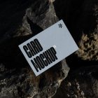 View from above, single outdoor business card mockup with blue and black colors, strong typography design, laying on massive stone.