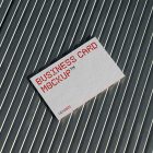 View from above, single outdoor business card mockup with red and white colors, geometric typography design, laying on roof tiles.