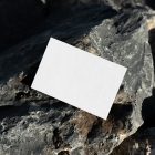 View from above, a single blank outdoor business card mockup laying on massive stone.