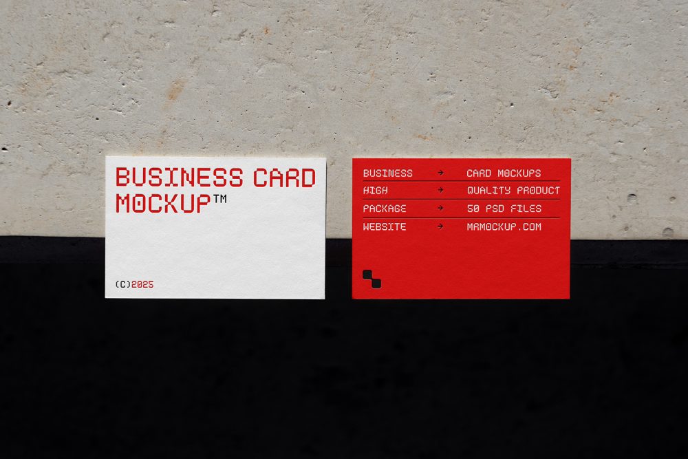 View from above, two outdoor business card mockups with red and white colors, geometric typography design, laying on the concrete.