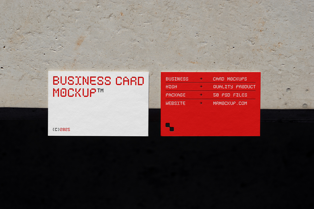 View from above, two outdoor business card mockups with red and white colors, geometric typography design, laying on the concrete.
