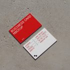 View from above, two outdoor business card mockups with red and white colors, geometric typography design, laying on the concrete.