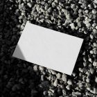 View from above, a single blank outdoor business card mockup laying lies on the little pebbles.