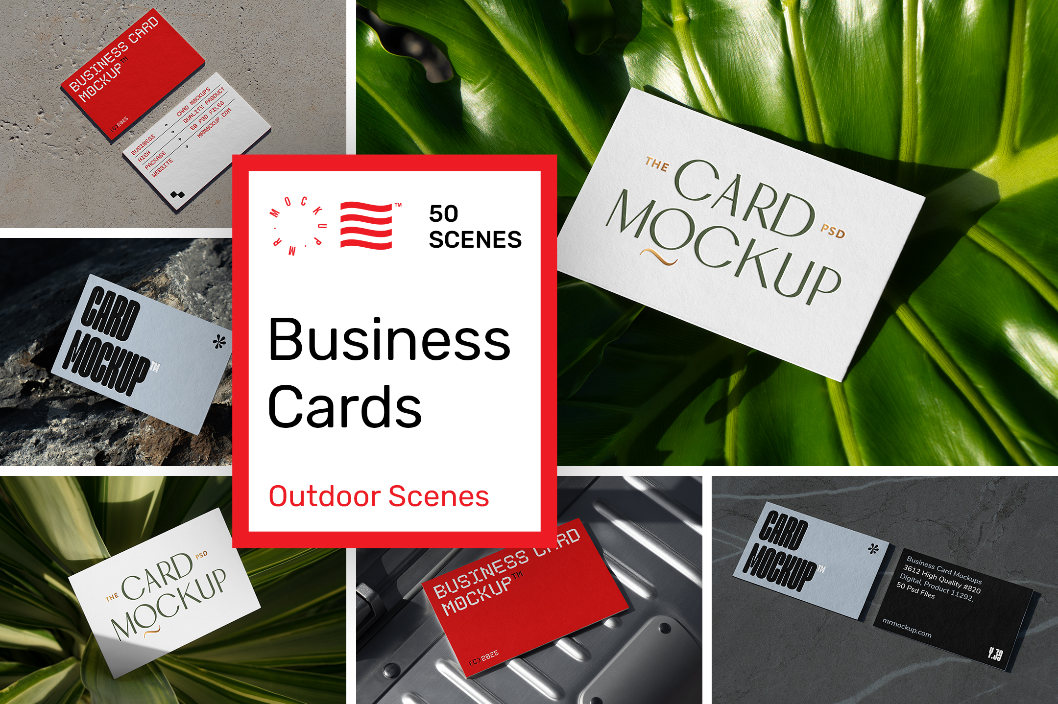 Product cover image from outdoor business card mockups showing six scenes from the product.
