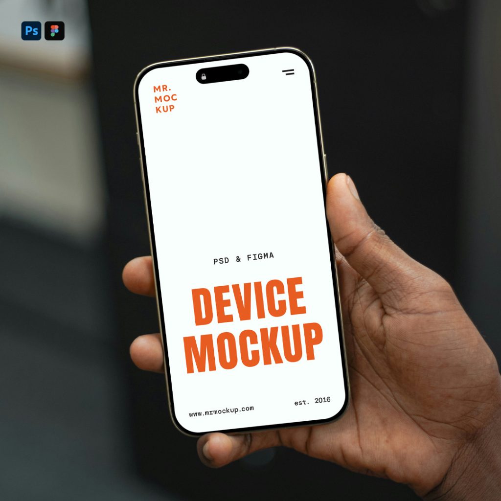 Hand Holding iPhone Pro Mockup with a blurred office view in the background.