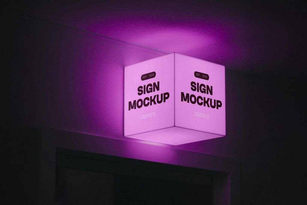 Glowing pink square lighting Sign Mockup attached to the wall over the entry to another room.