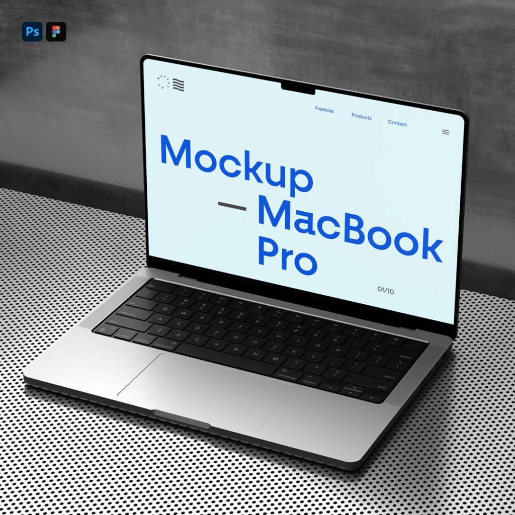 Side view, open silver MacBook Pro Mockup with laying on the metallic floor.