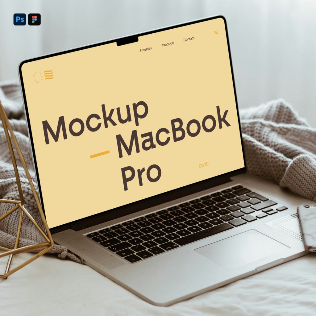 Side view, open silver MacBook Pro Mockup with decoration accessories laying in the bedroom.